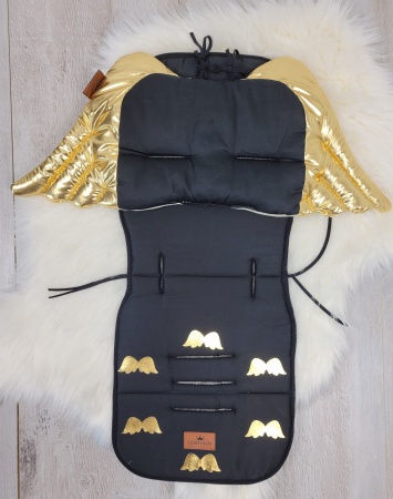 wkładka do wózka czarno złota do spacerówki złote skrzydła z poduszką bawełniana dwustronna uniwersalna queen baby