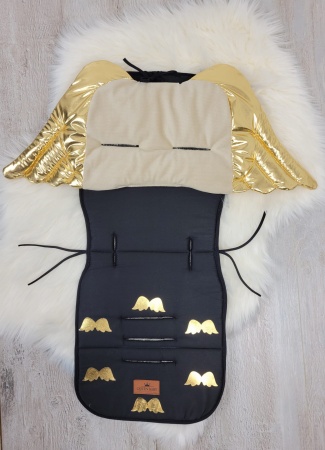 wkładka do wózka czarno złota do spacerówki złote skrzydła z poduszką bawełniana dwustronna uniwersalna queen baby