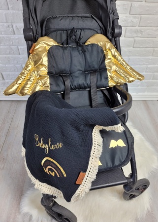 wkładka do wózka czarno złota do spacerówki złote skrzydła z poduszką bawełniana dwustronna uniwersalna queen baby