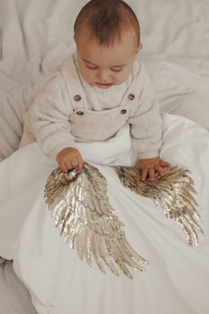 Biały koc do wózka S (złote lub srebrne skrzydła) koc dla dziecka do gondoli