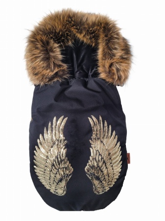 śpiworek do wózka skrzydła złote queen baby czarny futro do nosidełka gondoli