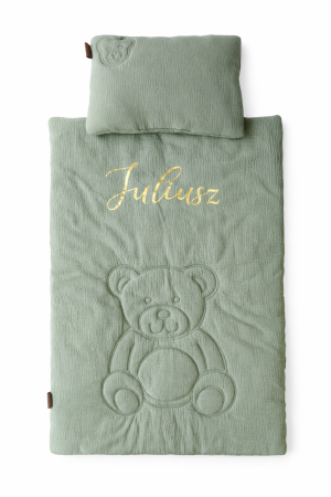 pościel z imieniem dziecka personalizowana z misiem muślinowa