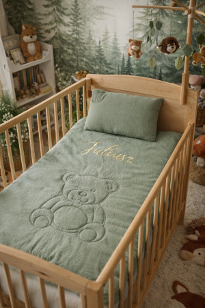 pościel z imieniem dziecka personalizowana z misiem muślinowa