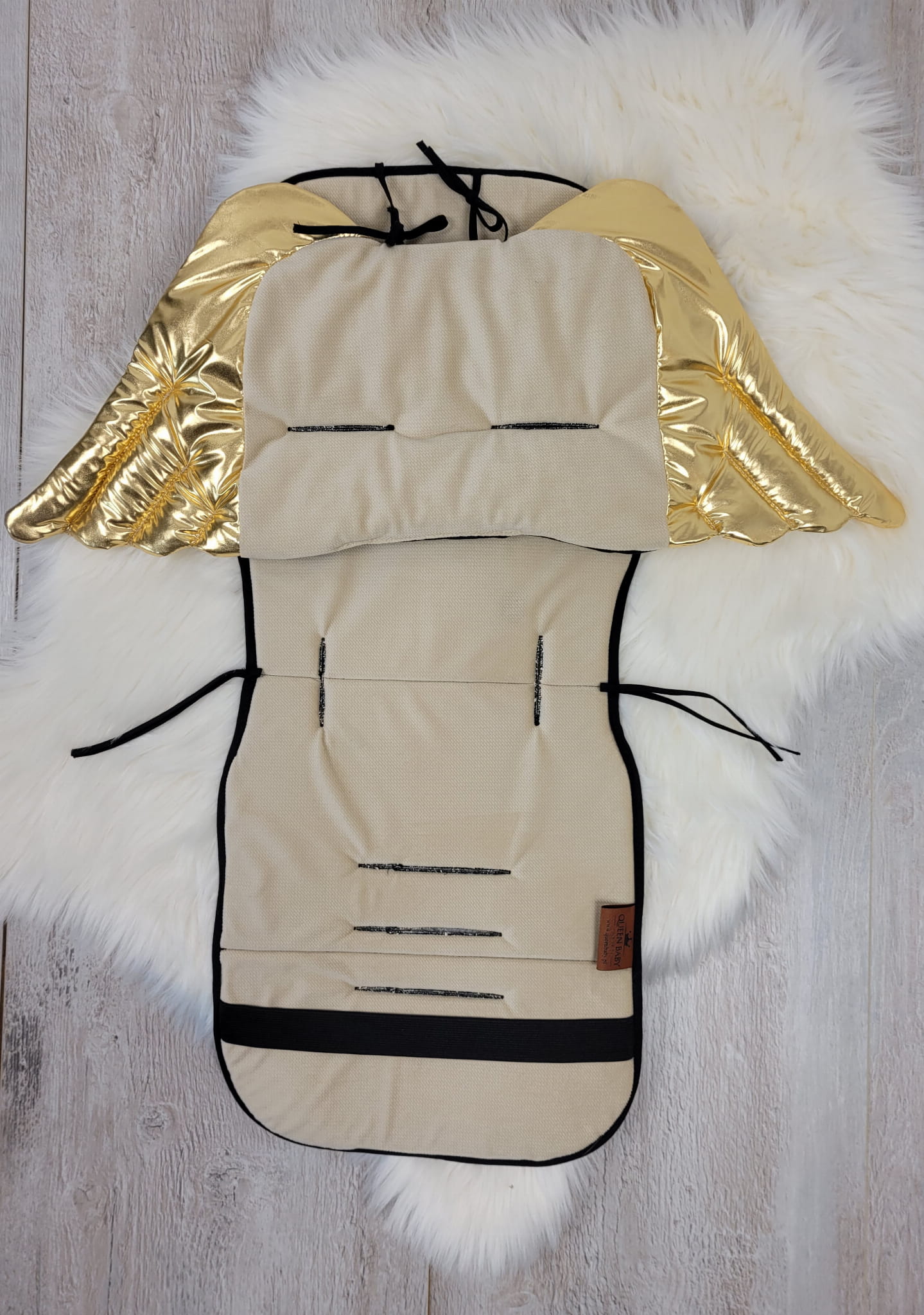 wkładka do wózka czarno złota do spacerówki złote skrzydła z poduszką bawełniana dwustronna uniwersalna queen baby